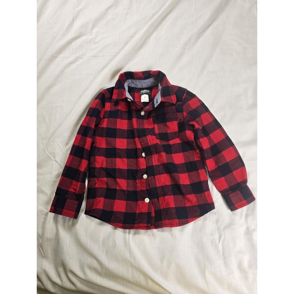 OshKosh Bgosh Long Sleeve Shirt Boys 3T Red Black Plaid Flannel Button Front Top